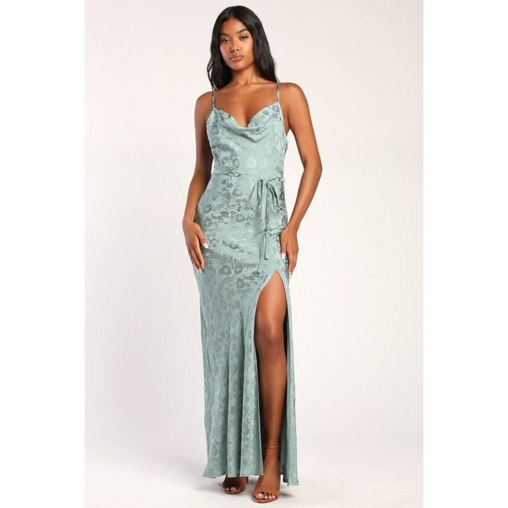 Lulus Floral Flirtations Dusty Sage Satin Floral Jacquard Maxi Dress Green